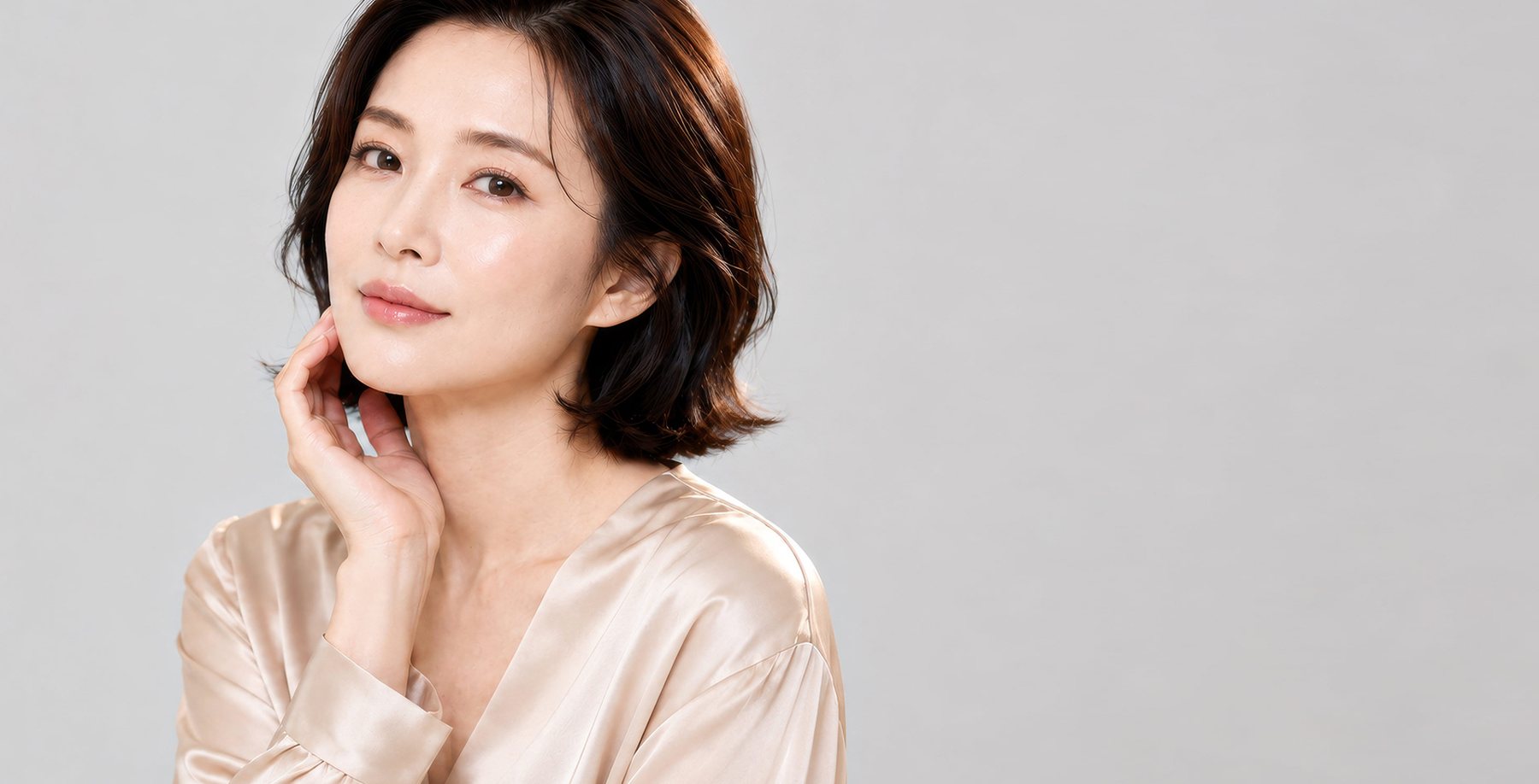 연회색 바탕, 샴페인색 새틴 블라우스 차림 단발 중년 여성이 손을 턱에 댄 모습