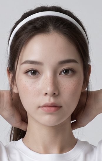 얼굴지방흡입 — 흰 머리띠·주근깨의 젊은 여성이 두 손을 목 뒤에