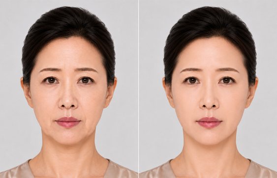 CASE 1 듀얼플레인 안면거상 — AI 생성 전후 비교 그림(정면)
