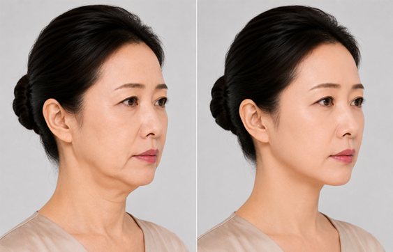CASE 2 듀얼플레인 안면거상 + 이중턱근육묶기 — AI 생성 전후 비교 그림(45도)