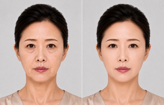 CASE 3 듀얼플레인 안면거상 + 하안검 — AI 생성 전후 비교 그림(정면)