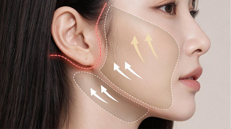 여성 옆얼굴 위 귀 앞뒤 절개선과 얼굴·목 리프팅 구역·방향 화살표