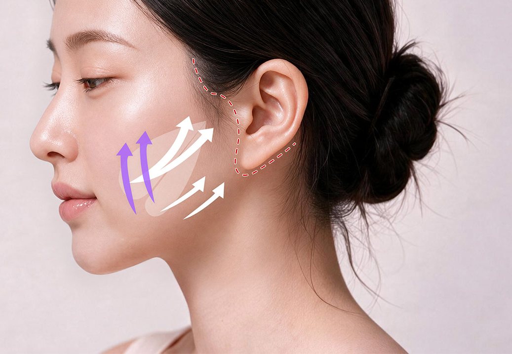 올림머리 여성 옆얼굴 위 리프팅 방향 화살표와 귀 앞뒤 절개선 점선