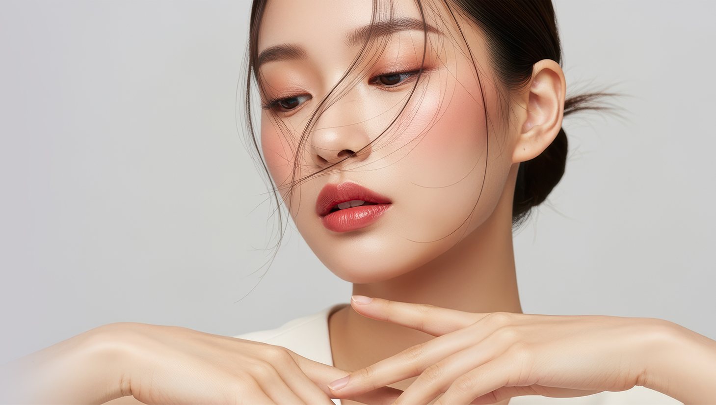 붉은 입술·흩날리는 앞머리의 젊은 여성이 두 손을 턱 아래 겹친 모습